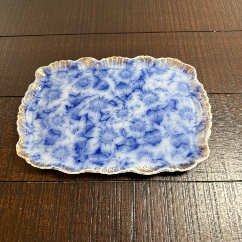 1890s Warwick China Flow Cobalt Blue Floral Tray Scalloped Gold Gilt Vanity Dish